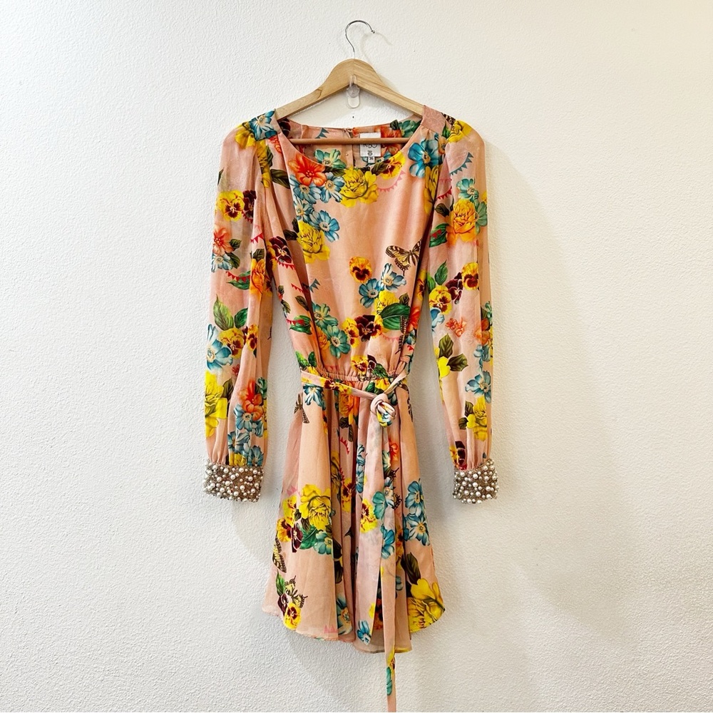 PatBO Peach Floral Long Sleeve Mini Dress with Pearl Cuffs